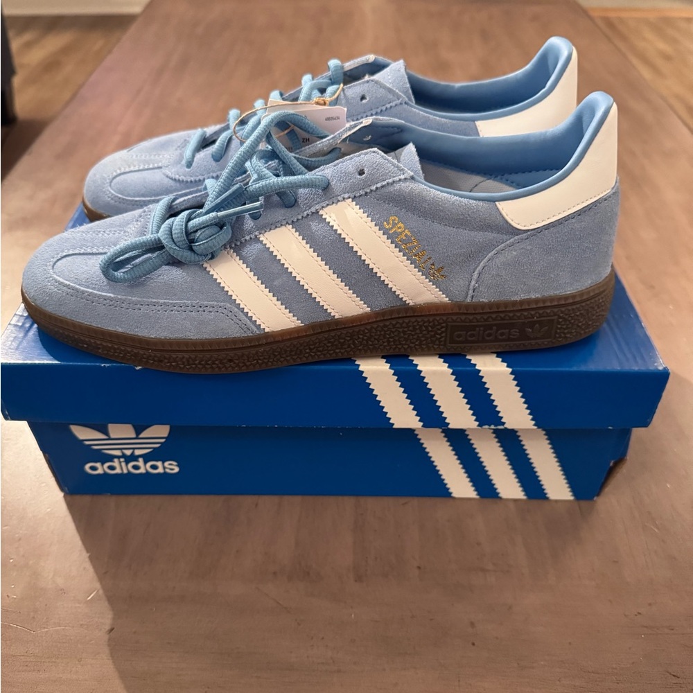 Adidas Mens Sky Blue Sneakers with White Stripes